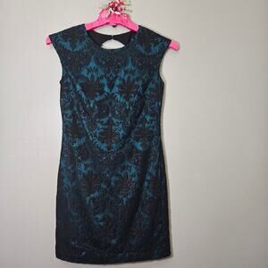 Vince Camuto Sparkle Velvet Burnout Sheath Teal Black Y2K Cocktail Dress Size 2